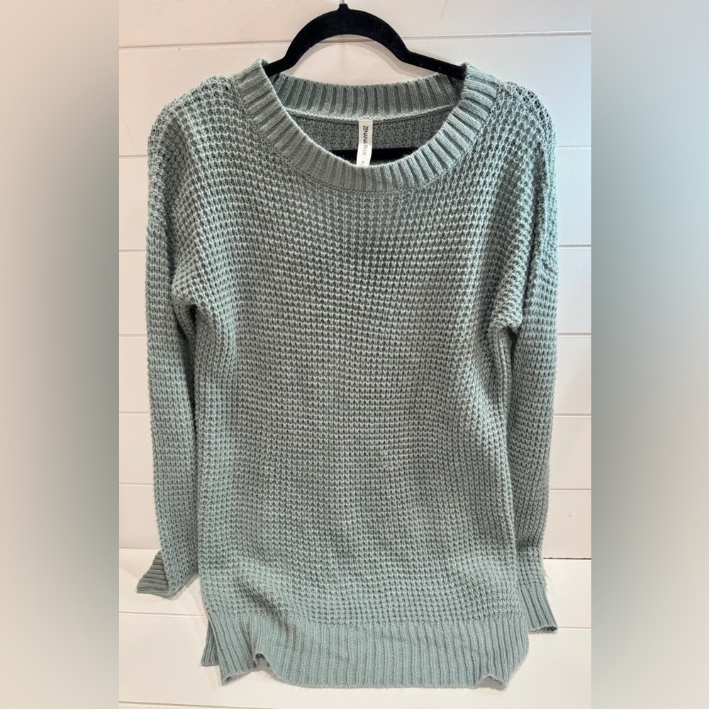 Zenana Premium Casual Crew Neck Sweater in neutral sage green color, Size Small